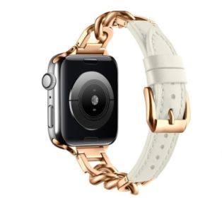 Stainless Steel Leather Single Row Denim Chain Iwatch Strap (Option: Rice white rose gold-38 40 41mm S)