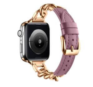 Stainless Steel Leather Single Row Denim Chain Iwatch Strap (Option: Red bean paste-42 44 45 49mm S)