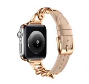 Stainless Steel Leather Single Row Denim Chain Iwatch Strap (Option: Apricot Rose Gold-38 40 41mm S)