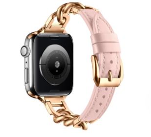 Stainless Steel Leather Single Row Denim Chain Iwatch Strap (Option: Pink Rose Gold-14mm S)