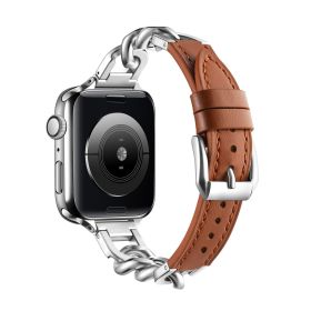 Stainless Steel Leather Single Row Denim Chain Iwatch Strap (Option: Brown-38 40 41mm S)