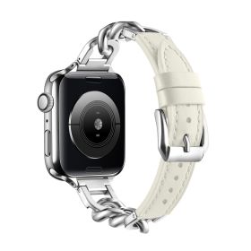 Stainless Steel Leather Single Row Denim Chain Iwatch Strap (Option: Creamy White-42 44 45 49mm S)