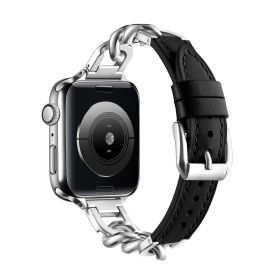 Stainless Steel Leather Single Row Denim Chain Iwatch Strap (Option: Black-42 44 45 49mm S)