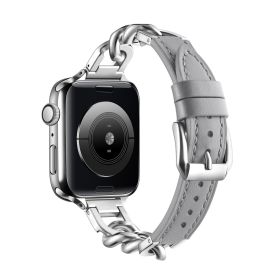 Stainless Steel Leather Single Row Denim Chain Iwatch Strap (Option: Gray-14mm S)