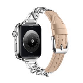 Stainless Steel Leather Single Row Denim Chain Iwatch Strap (Option: Apricot-14mm S)