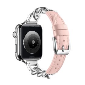 Stainless Steel Leather Single Row Denim Chain Iwatch Strap (Option: Pink-14mm S)